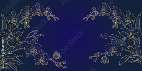 Luxury Golden Line Art Orchid Flowers and Leaves on Dark Blue Background.