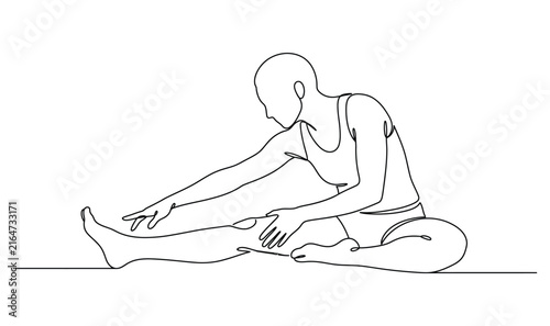 Continuous single line drawing of a person stretching their leg in a yoga pose.