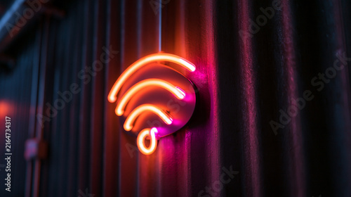 Neon WiFi Symbol Glowing on Dark Corrugated Wall