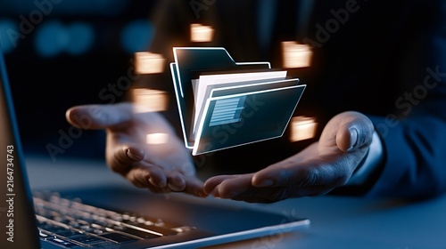 Business person holding virtual folders digital file management system