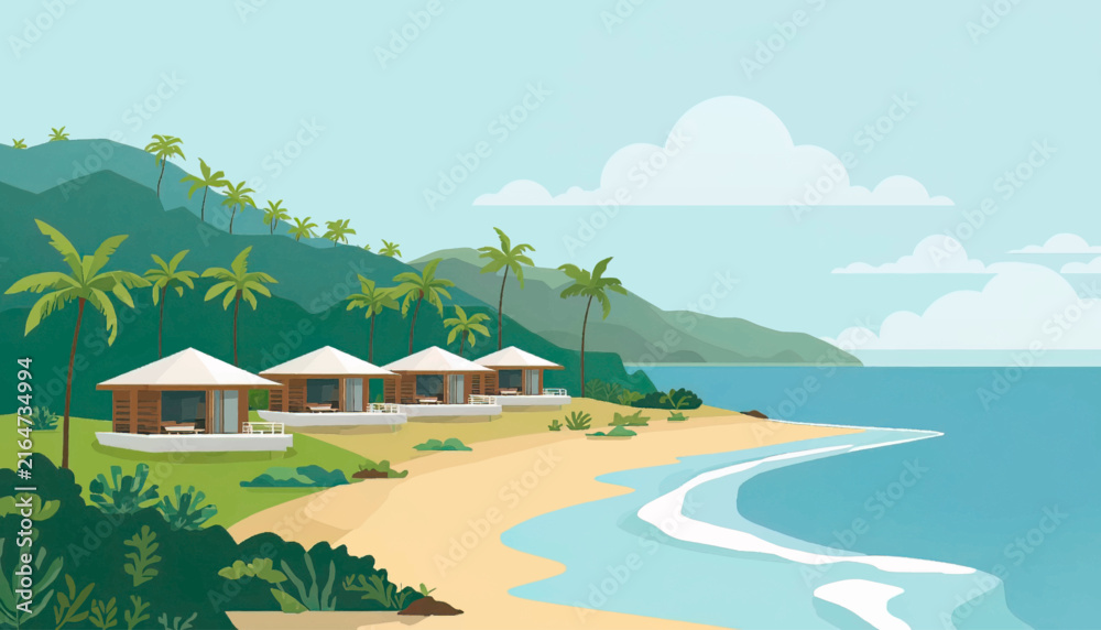 Naklejka premium Tropical beach resort illustration featuring modern villas, sandy shore, ocean scenery and palm trees. Ideal for travel branding, vacation concepts, hospitality design and summer destination projects.
