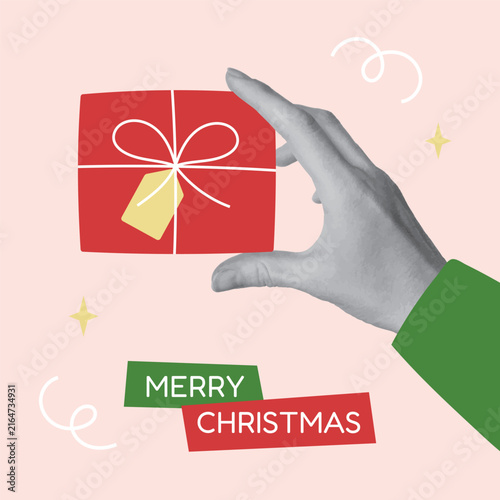 Merry Christmas pop art collage poster. Human hand holding red gift box with paper cut text layout.