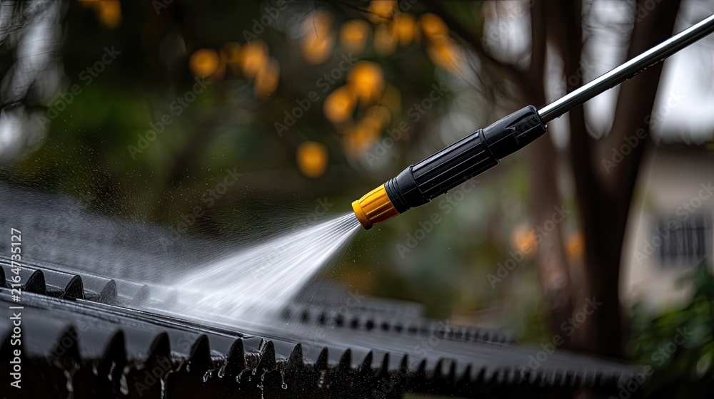 Fototapeta premium Pressure washer wand sprays water on dark grey tiled roof with blurred trees in the background