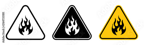 Fire hazard warning sign set, Flame symbols in outline, solid and yellow triangular designs for flammable materials, industrial safety and emergency awareness, Vector illustration.