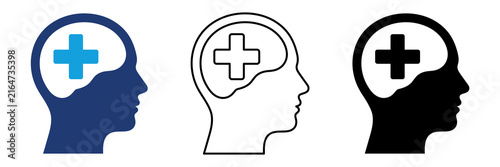 Blue Black Mental Health Head Cross Icon Set with Filled and Outline Styles for Psychological Wellness Healthcare Therapy and Emotional Support