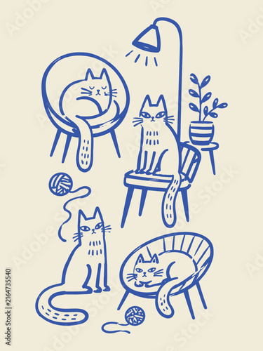 Cats at Home Naive Style Vector Illustration