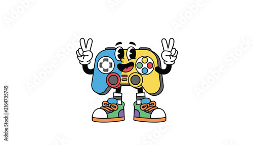 Cute retro cartoon video game controller character with a smiling face and gloved hands making peace gestures.