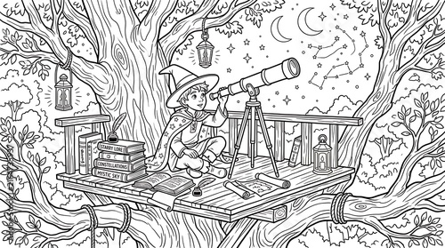 Young wizard using a telescope on a treehouse balcony coloring page with star maps, books, lanterns, and constellations in the night sky above