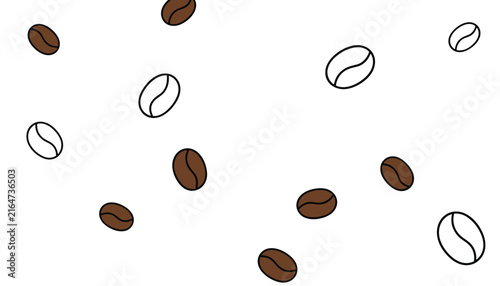 Scattered coffee beans in both solid brown and simple white outline drawings over a clean white background.