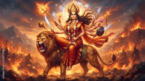 Hindu goddess durga riding a lion, holding multiple weapons, in a fierce battle scene with fire and smoke in the background