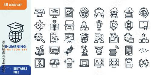 Modern Education and E-Learning Line Icons Set – Editable Outline Vector Icons for Online Learning, School and Educational Technology