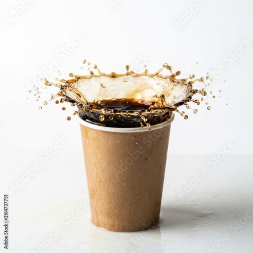 A dynamic splash of fresh black coffee erupting from a simple brown paper coffee cup isolated white background