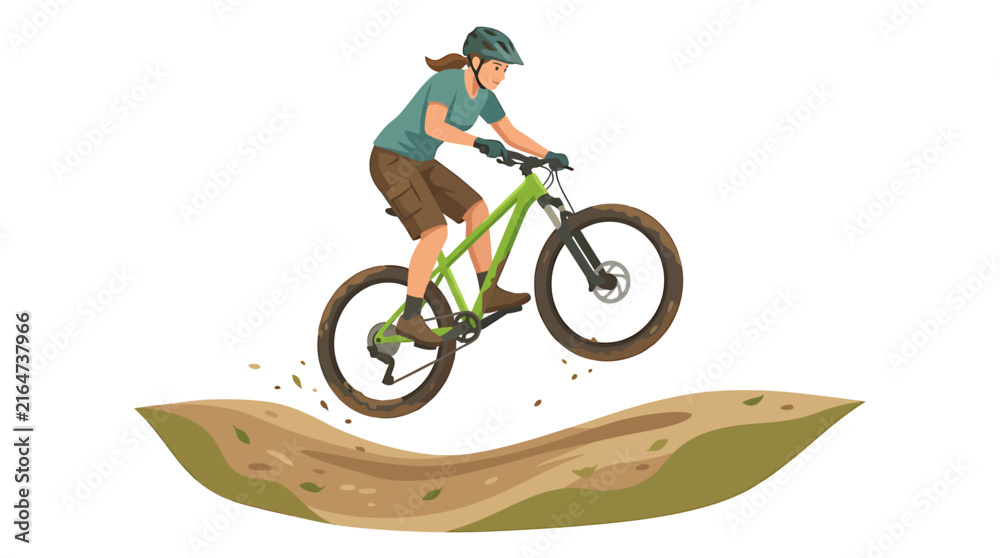Fototapeta premium Caucasian Female Mountain Biker Jumping on Green Bike