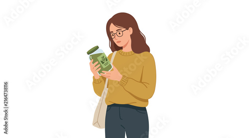 Caucasian Female Shopper Reading Plant Based Jar Label