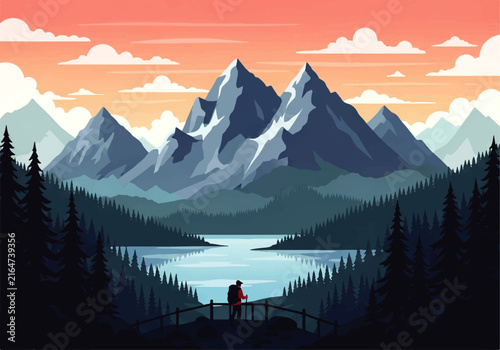Photography Vector flat design ilustration of a hiker looking at majestic snowy mountains an