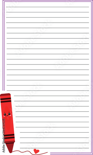Lined notebook paper page layout template featuring cute red crayon character for kids handwriting practice and back to school primary educational design