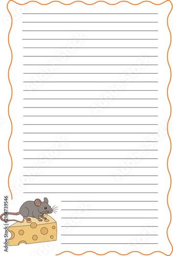 Lined notebook paper page layout template with cute cartoon mouse and cheese for kids handwriting practice writing design