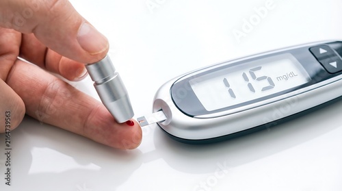 Diabetic patient using lancet pen and digital glucometer to measure blood glucose levels. Close up shot of diabetes management. Professional photo for blood sugar test.