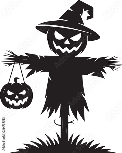 Scarecrow with pumpkin head holding a jack o lantern for Halloween holiday graphic design
