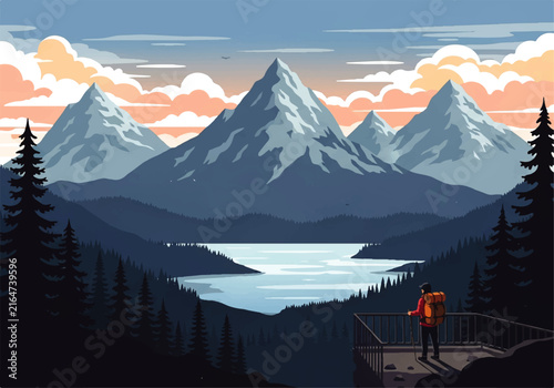 Photography Vector flat design ilustration of a hiker looking at snowy mountains and lake la