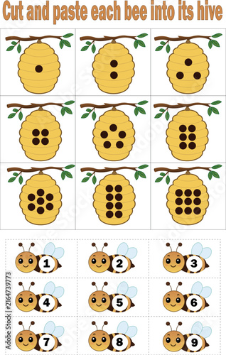 Cut and paste math counting game worksheet template with cute bees and hives for kids kindergarten educational activity