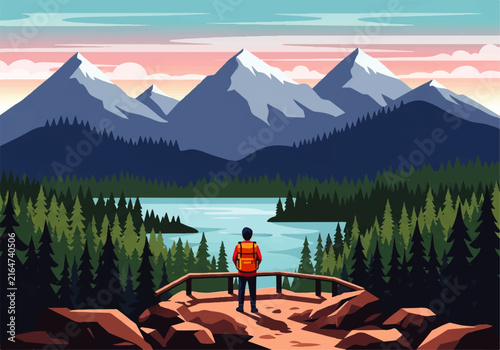 Canvas Print Vector flat design ilustration of a hiker looking at snowy mountains and lake
