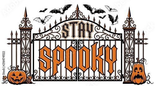 A decorative halloween graphic featuring an ornate black iron cemetery gate with the text stay spooky surrounded by flying bats and carved jack o