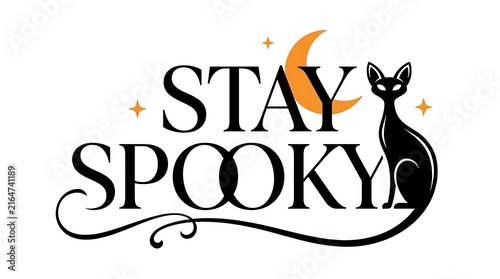 A decorative halloween themed typography design featuring the phrase stay spooky with a black cat silhouette and a crescent moon on a white background
