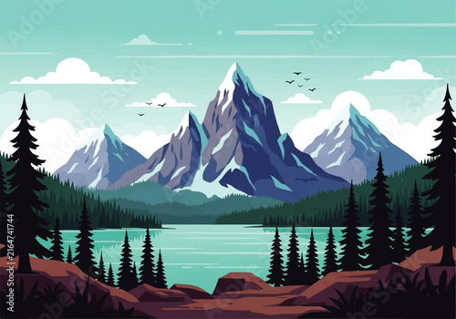 Photography Vector flat design ilustration of snowy mountains and pine forest lake landscape