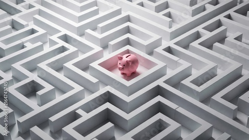 Obraz na płótnie Piggy bank lost in complex white maze labyrinth