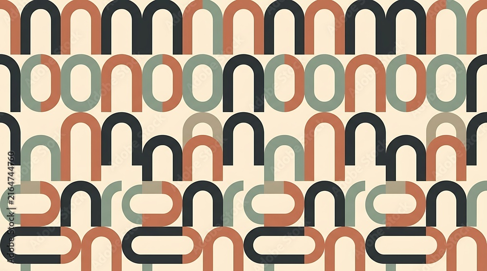 Bauhaus inspired abstract geometric pattern with interlocking arches and rounded shapes in terracotta, sage, and charcoal