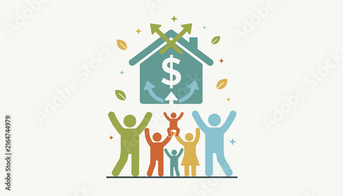Family home loan and mortgage investment financial concept with happy family silhouette under house with dollar symbol.