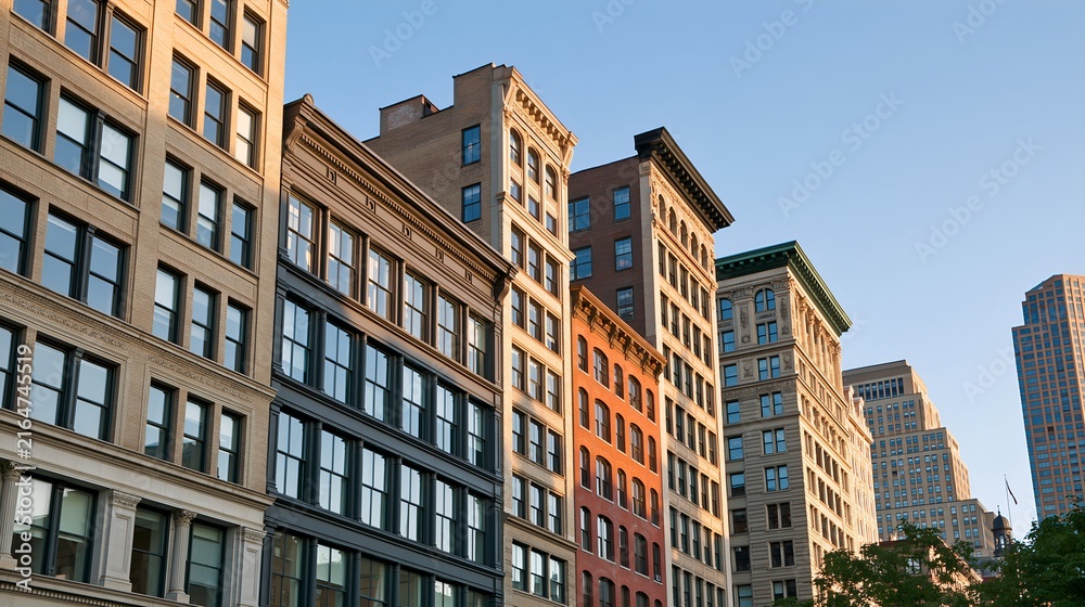 Fototapeta premium Sunlight bathes historic city buildings in warm hues
