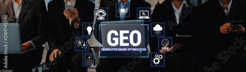 Foto Business people using technology and smartphones with icons related to generative license optimization displayed on a screen Fluxor