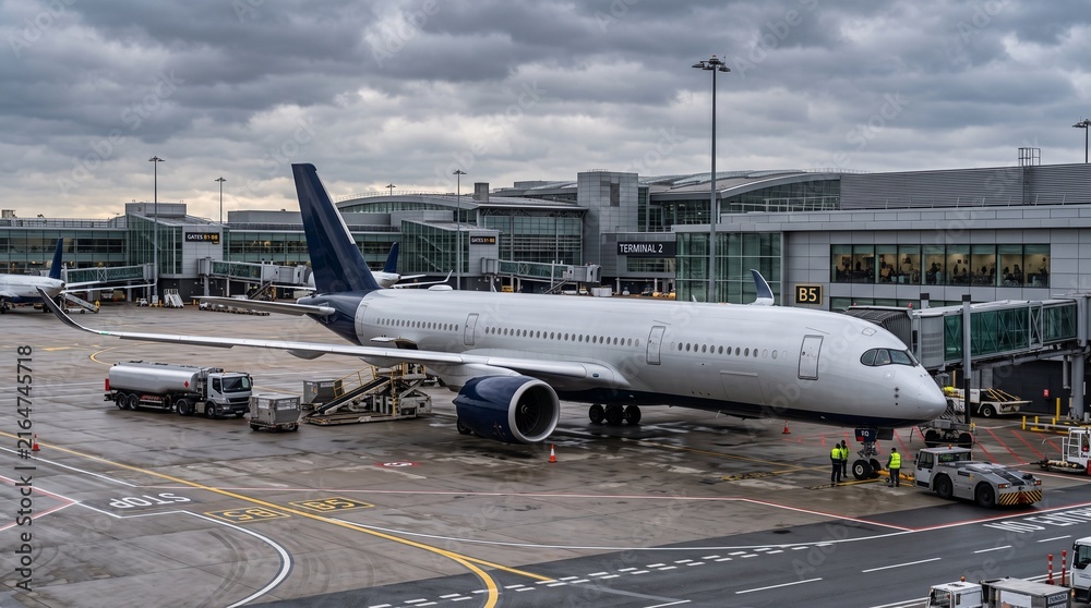 Fototapeta premium Large commercial passenger jet airliner parked at a busy airport terminal gate with various ground service vehicles under a heavy overcast cloudy sky.