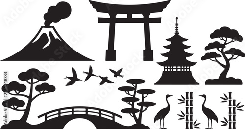 Japanese Culture Vector Silhouette Set Featuring Traditional Landmarks and Icons