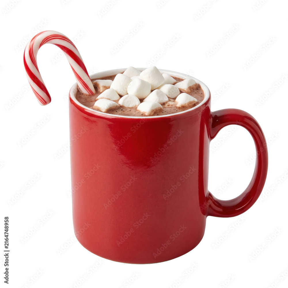 Naklejka premium Red mug of hot chocolate with marshmallows and candy cane isolated