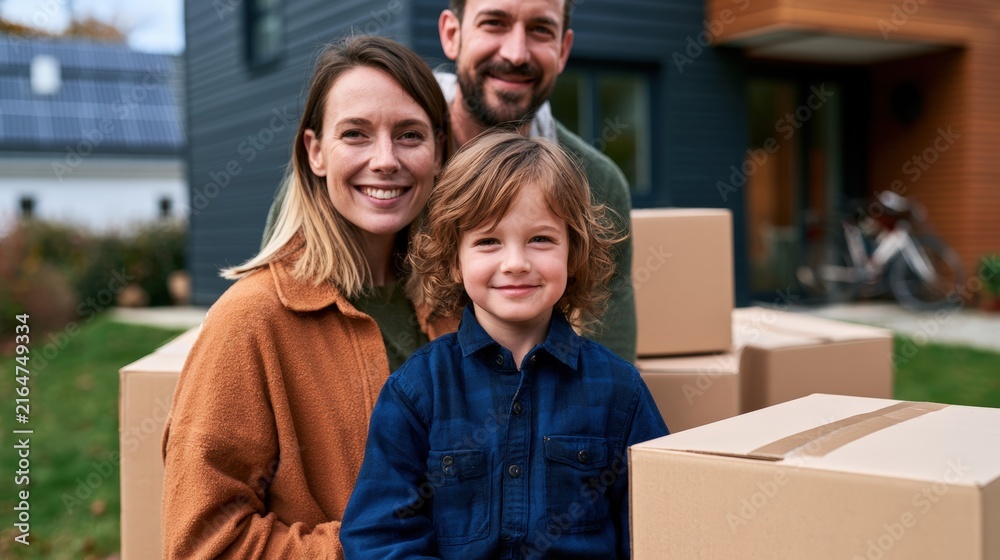 Fototapeta premium Family with child moving into new eco - friendly home with solar panels
