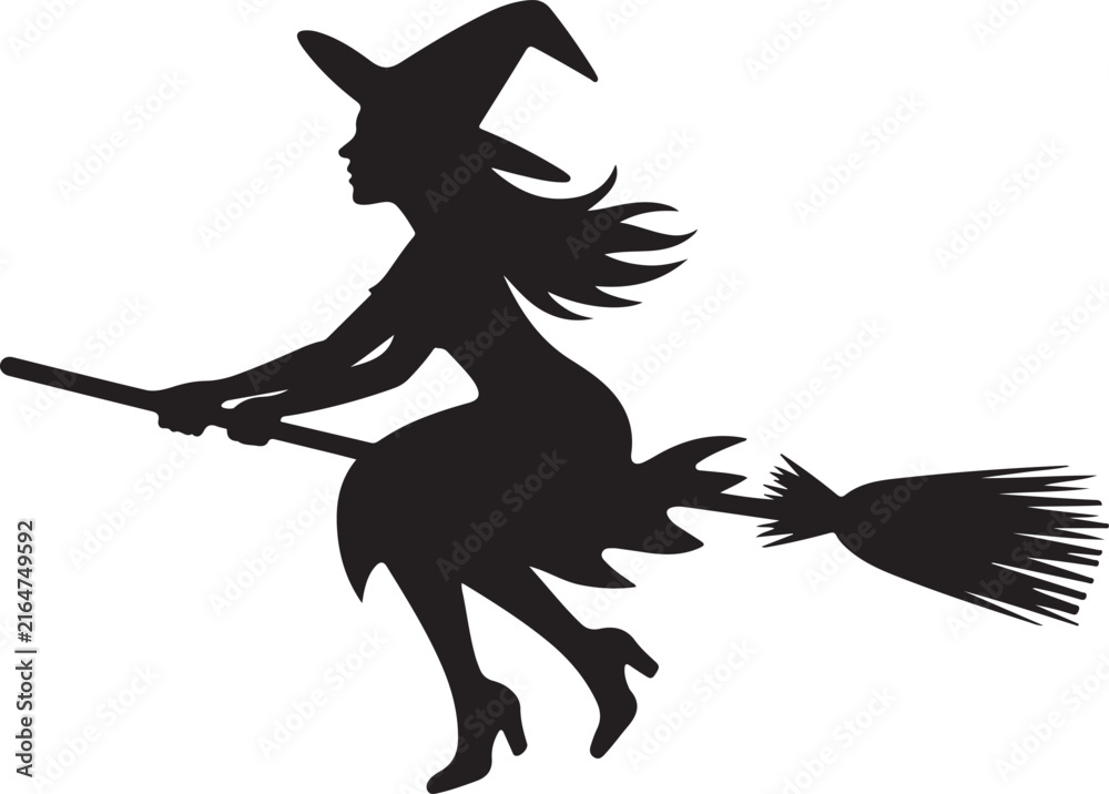 Fototapeta premium Witch flying on broomstick over city silhouette vector illustration for Halloween design