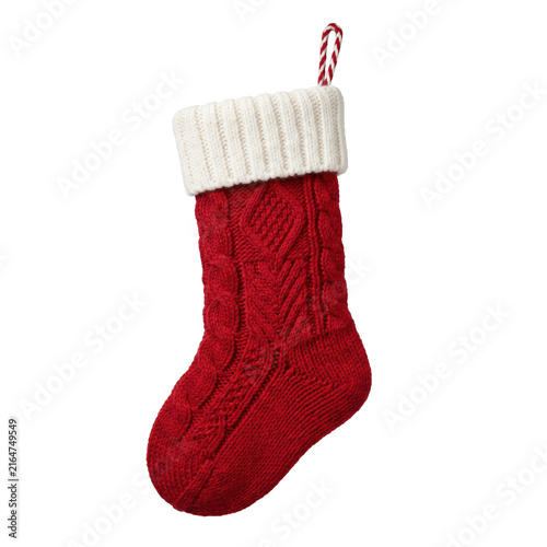 Canvastavla Red knitted Christmas stocking with white cuff hanging