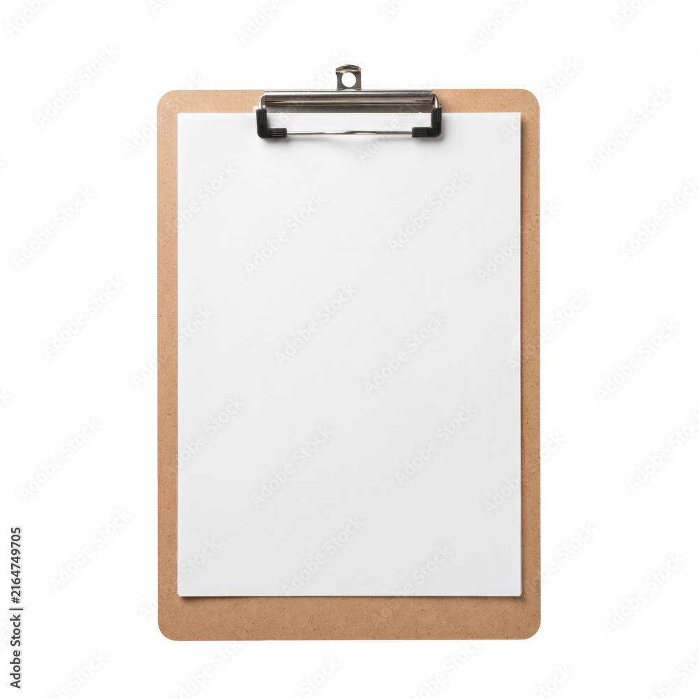 Naklejka premium Wooden clipboard with blank paper sheet mockup isolated