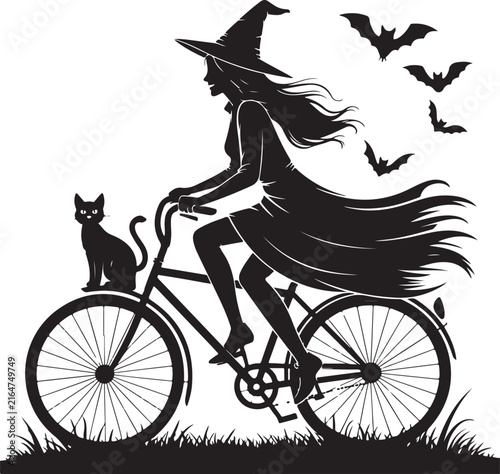 Witch riding bicycle with black cat in Halloween silhouette vector illustration