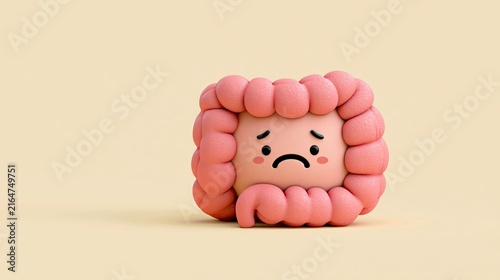 Cute Sad Intestine Character with Copy Space, Digestive Disorder Concept