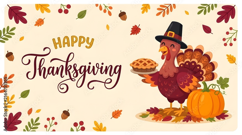 Fototapeta premium Festive thanksgiving illustration with turkey pumpkin pie and autumn leaves background