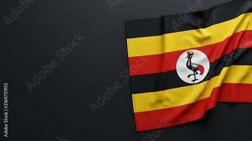 Uganda national flag waving in wind with emblem on black background for African identity and pride