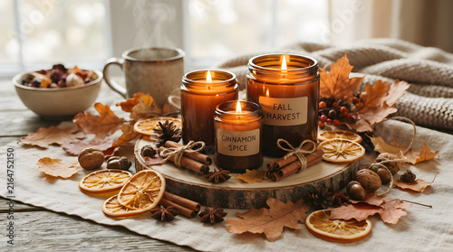 Cozy autumn candlelit breakfast tray with citrus and nuts for warm seasonal home decor
