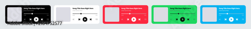 Music player card UI component in vertical and horizontal styles.