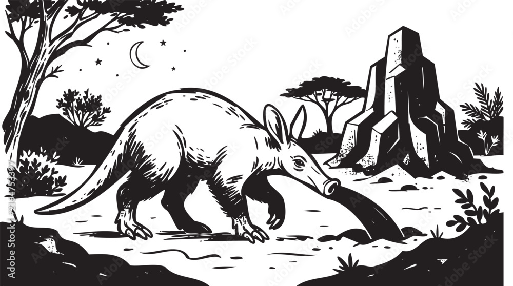 Obraz premium Vintage aardvark illustration, detailed black and white animal sketch, set of seamless pattern elements, retro hand drawn graphic, monochrome African wildlife art