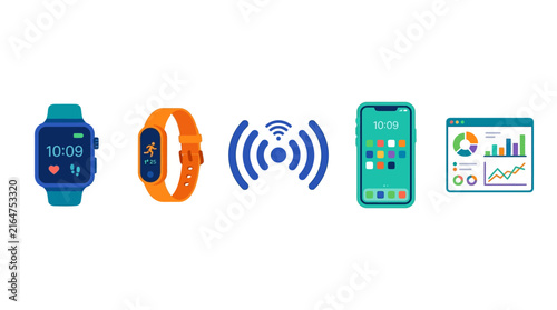 Vector illustration showing smartwatches, fitness bands, wireless connectivity symbols, smartphones, and data charts for health and activity tracking concepts