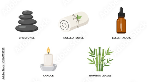 Vector illustration set of spa elements including stones, rolled towel, essential oil bottle, candle, and bamboo leaves